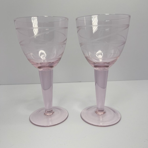 Unmarked Other - Vintage Pink MCM Wine Glasses Etched Swirl Pattern Thick Stem  7" Set of 2